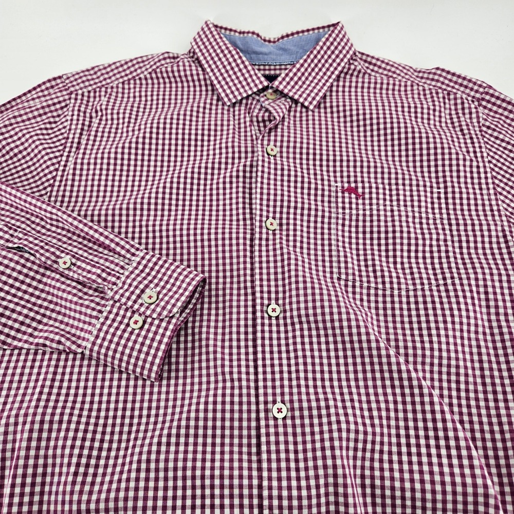 Tommy Bahama Mens Large Purple Gingham 100% Pima Cotton Button Down Shirt L